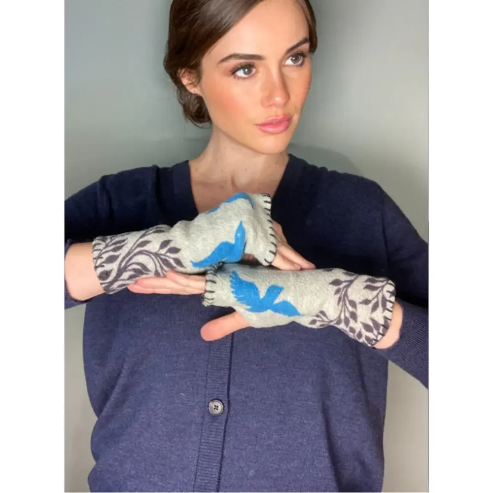 Handmade Fleece Hand Warmers Gray & Turquoise Birds ~ One Size ~ So Hygge!